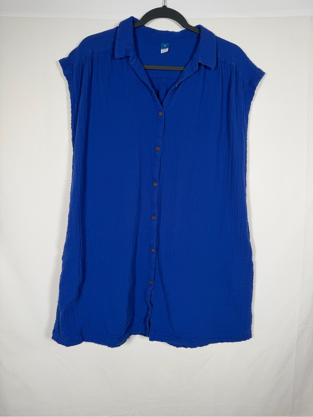 Women's Cotton Gauze Button-Front Shirt Dress - Royal Blue with Pockets